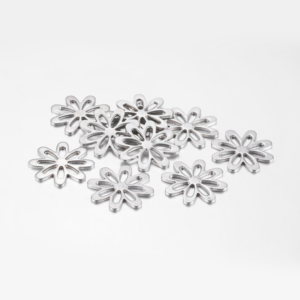 PandaHall 10PCS Original Color Flower 304 Stainless Steel Pendants, 21x1mm, Hole: 1mm Stainless Steel Flower