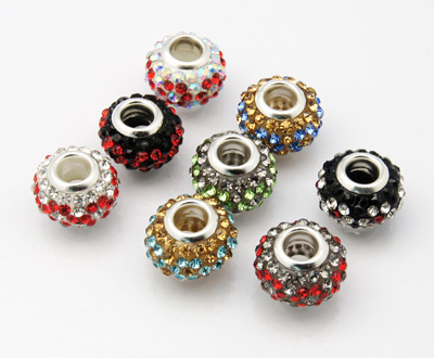 PandaHall Resin European Beads, with Silver Color Brass Double Cores and Rhinestones, Rondelle, Mixed Color, 15x9.4mm, Hole: 5mm Round...