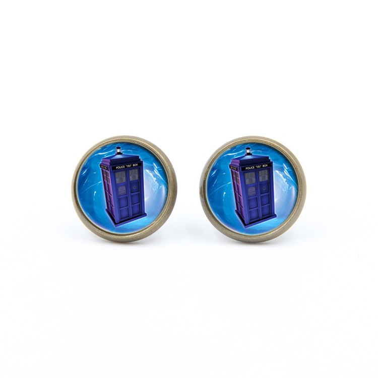 PandaHall Glass Stud Earrings, with Brass Findings, Flat Round with Police Box, DodgerBlue, 14x5mm, Pin: 0.7mm Glass Blue