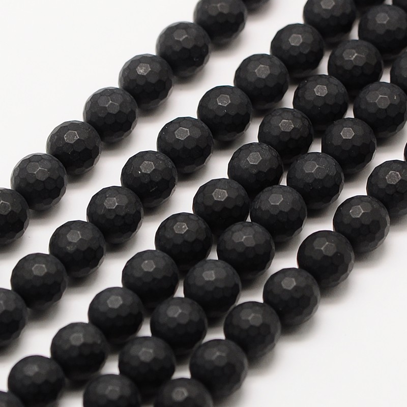 PandaHall Frosted Natural Black Agate Bead Strands, Faceted Round, 10mm, Hole: 2mm; about 39pcs/strand, 15.5" Black Agate Round Black