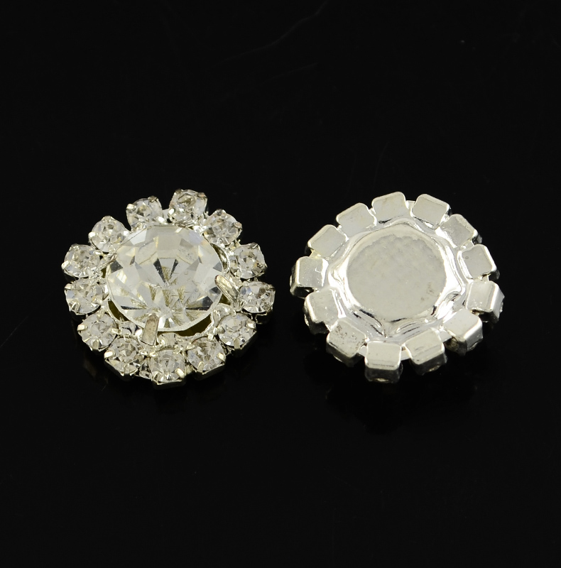 PandaHall Shining Garment Accessories Flower Brass Grade A Rhinestone Cabochons, Silver Metal Color, Crystal, 15x6mm Brass+Rhinestone Flower