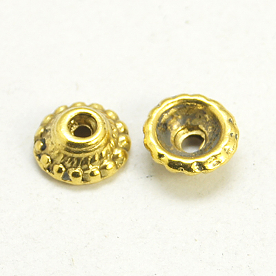 PandaHall Tibetan  Style Metal Caps, Antique Golden, Lead Free & Nickel Free & Cadmium Free, 8mm in diameter, 3mm thick, hole: 2mm Alloy