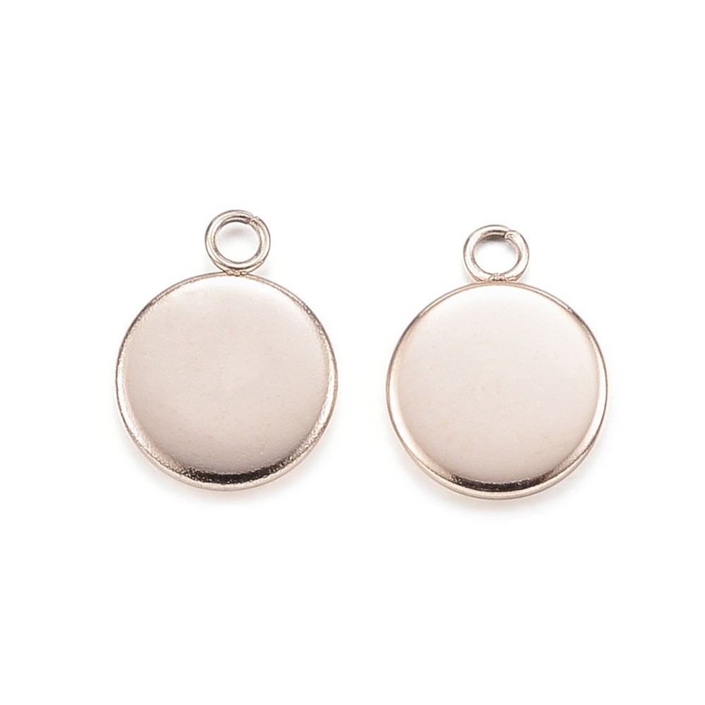 PandaHall 304 Stainless Steel Pendant Cabochon Settings, Flat Round, Rose Gold, Tray: 8mm; 13x10x2mm, Hole: 2mm Stainless Steel Flat Round