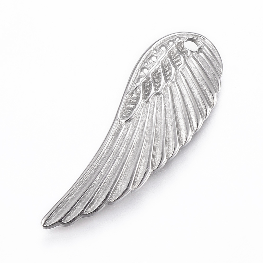 PandaHall 304 Stainless Steel Pendants, Wing, Stainless Steel Color, 31.5x11x1.5mm, Hole: 1.5mm Stainless Steel Wing