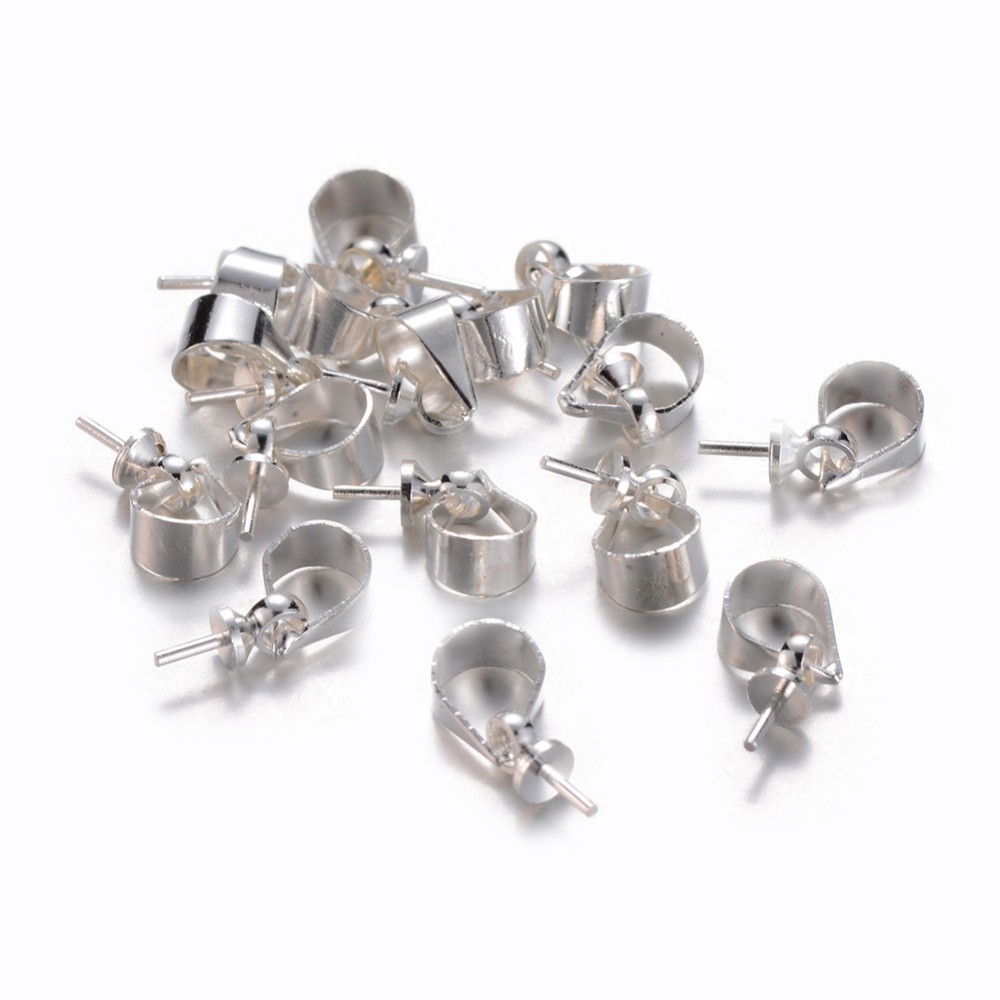 PandaHall Brass Cup Pearl Bail Pin Pendant, For Half Drilled Beads, Silver, 11x4x3mm, Pin: 0.6mm Brass