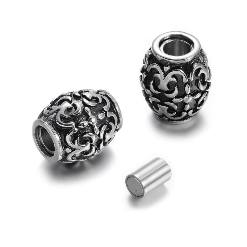PandaHall Retro Carve 304 Stainless Steel Barrel Magnetic Clasps, Antique Silver, 13x11mm, Hole: 4mm Stainless Steel Barrel
