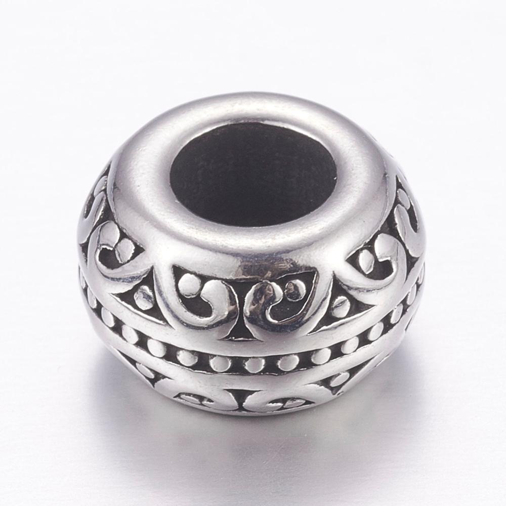 PandaHall 304 Stainless Steel European Beads, Large Hole Beads, Rondelle, Antique Silver, 12x7mm, Hole: 5mm Stainless Steel Rondelle