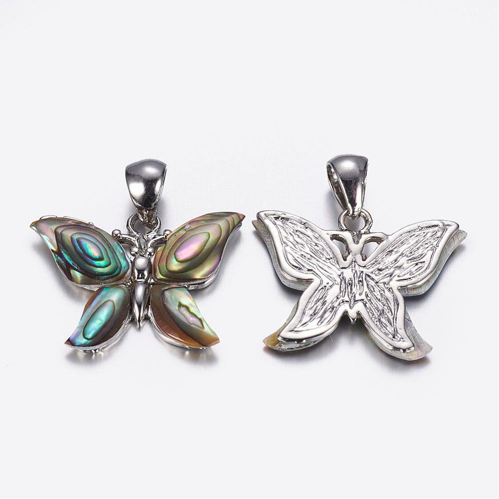 PandaHall Abalone/Paua Shell Pendants, Butterfly, with Brass Findings, Platinum, 27x21x3mm, Hole: 4x5.5mm Paua Shell Butterfly