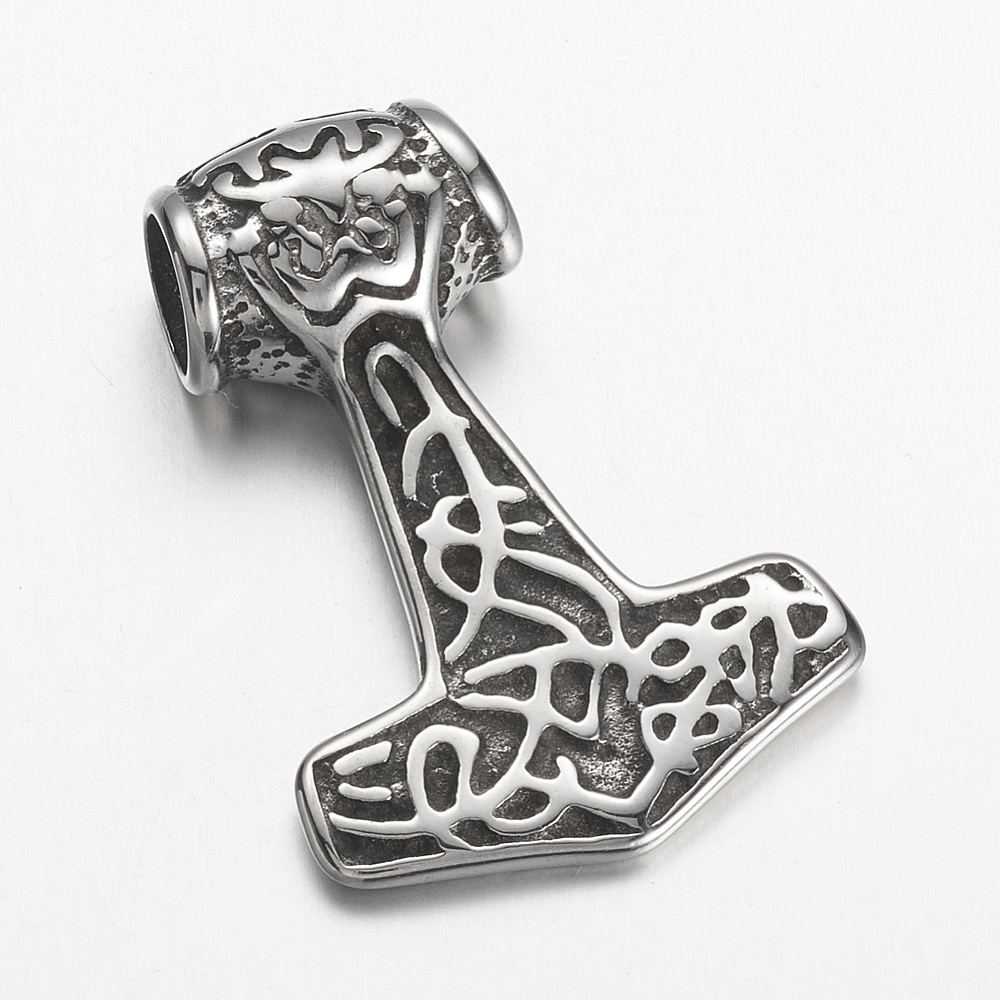 PandaHall 304 Stainless Steel Pendants, Thor's Hammer, Antique Silver, 40x28x10mm, Hole: 7.5mm Stainless Steel Tool