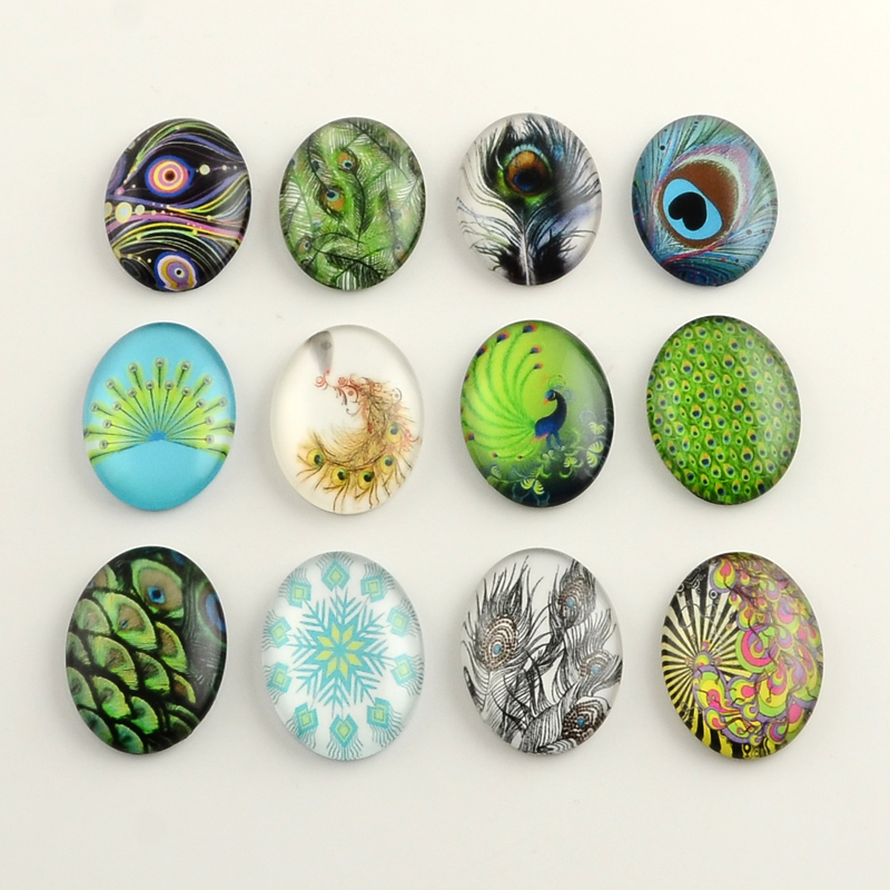 PandaHall Feather Pattern Glass Flatback Oval Cabochons for DIY Projects, Mixed Color, 35x25x6.5mm Glass Oval Multicolor
