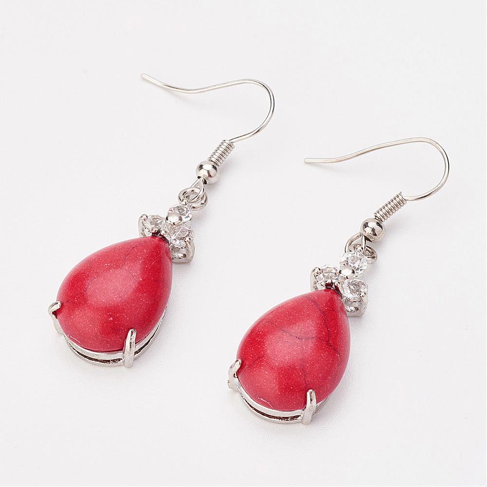 PandaHall Synthetic Turquoise Dangle Earrings, with Brass Rhinestone Findings, 45mm; pin: 0.5mm Synthetic Turquoise Red