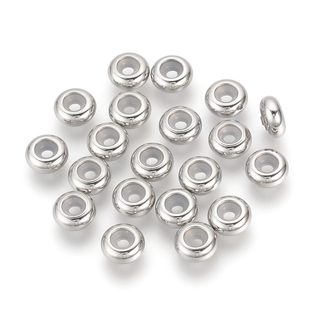 PandaHall 304 Stainless Steel Beads, with Rubber Inside, Slider Beads, Stopper Beads, Ring, Stainless Steel Color, 8x3.5mm, Hole: 2mm...