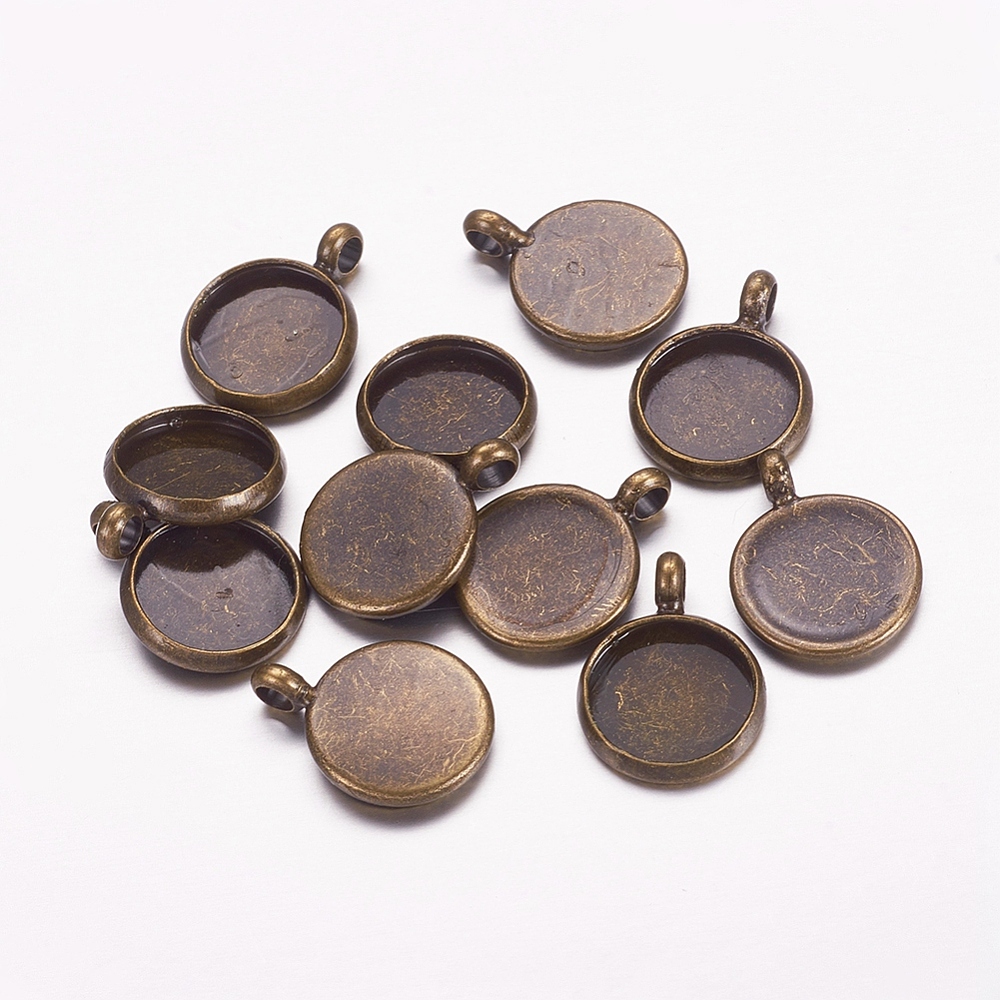 PandaHall Antique Bronze Brass Pendant Cabochon Settings, Nickel Free, Tray: 10mm; 12x2mm, Hole: 3mm Brass Flat Round