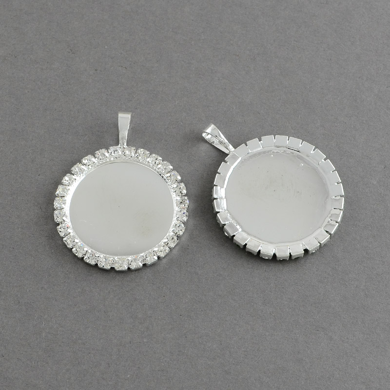 PandaHall Brass Rhinestone Pendant Cabochon Settings, Flat Round, Crystal, Tray: 25mm; 41x32x3mm, Hole: 8x5mm Brass+Rhinestone Flat Round