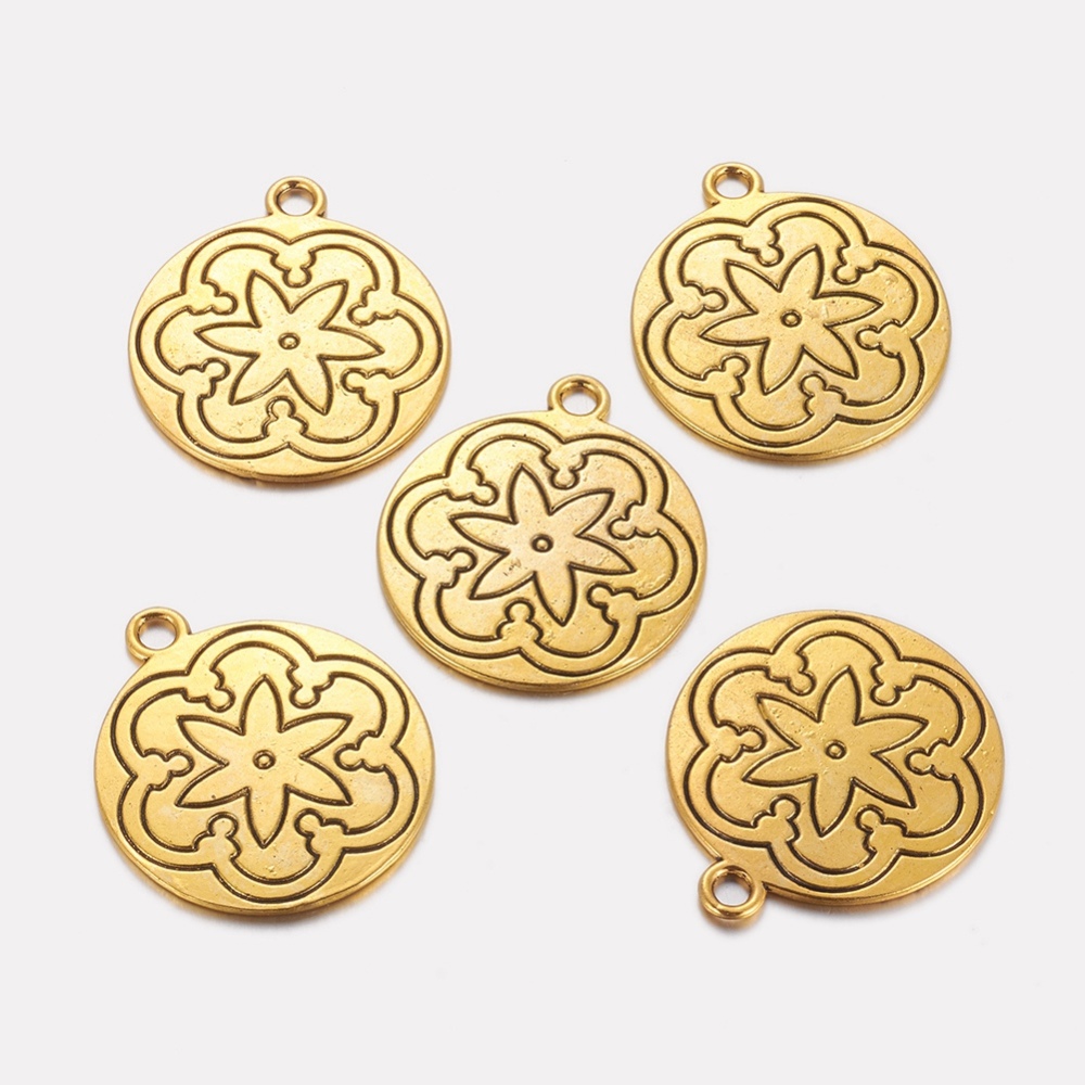 PandaHall Tibetan Style Pendants, Lead Free & Cadmium Free & Nickel Free, Flat Round with Flower, Antique Golden, about 35mm long, 31mm wide...