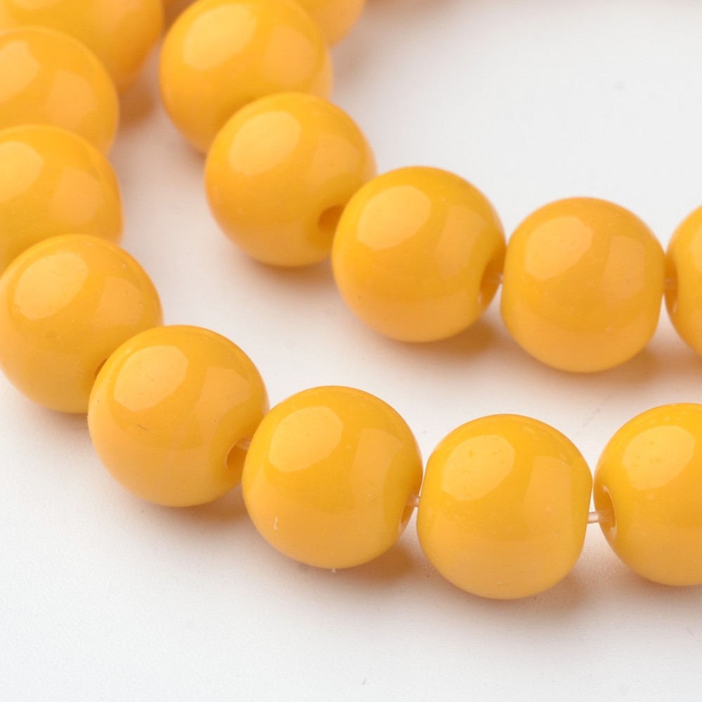 PandaHall Glass Beads Strands, Round, Dyed, Goldenrod, 8mm, Hole: 1mm; about 36pcs/strand, 10.4" Glass Round Gold