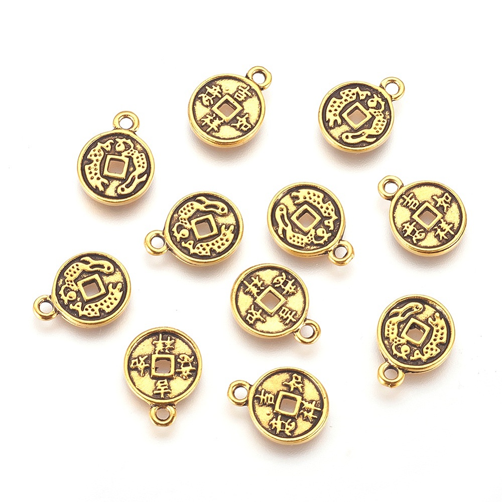 PandaHall Alloy Pendants, Lead Free and Cadmium Free, Coin with Chinese Characters, Flat Round, Antique Golden, 15.5x12.5x2mm, Hole: 1.5mm...