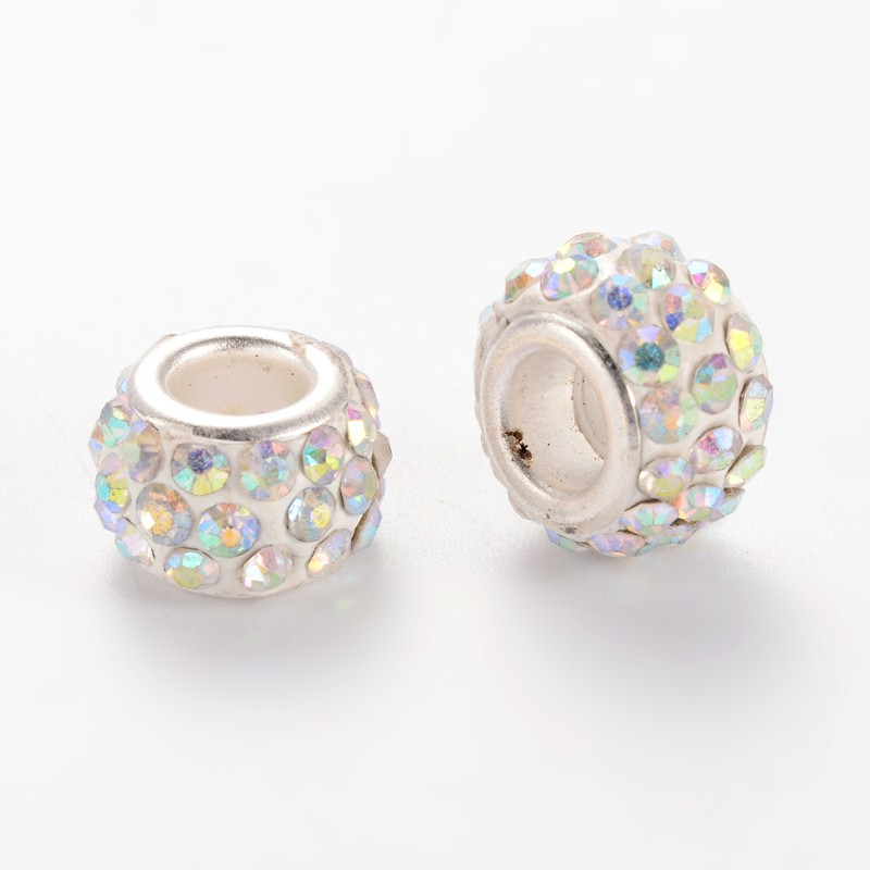 PandaHall Polymer Clay Rhinestone European Beads, Large Hole Rondelle Beads, with Platinum Plated Alloy Cores, Crystal AB, 10~12x7mm, Hole...