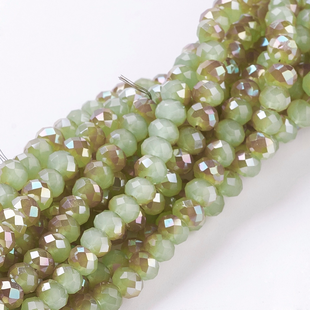 PandaHall Electroplate Glass Faceted Rondelle Beads Strands, Imitation Jade, Half Plated, DarkKhaki, 4x3mm, Hole: 1mm; about 140pcs/strand...