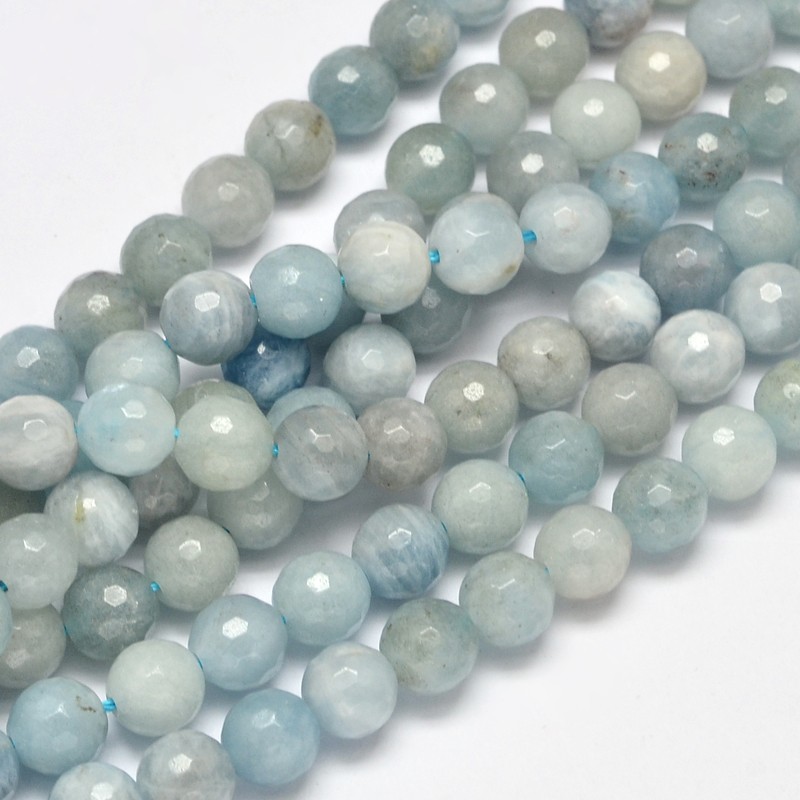 PandaHall Faceted Round Grade AB Natural Aquamarine Bead Strands, 8mm, Hole: 1mm; about 50pcs/strand, 15.5" Aquamarine Round