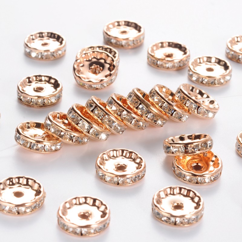 PandaHall Flat Round Brass Grade A Rhinestone Spacers Beads, Rose Gold, Crystal, 12x3.5mm, Hole: 2mm Brass+Rhinestone Flat Round