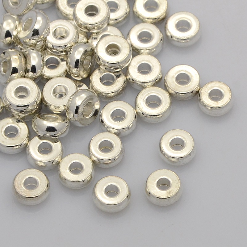 PandaHall Brass Beads, Flat Round, Silver, 6x3mm, Hole: 3mm Brass Flat Round Silver
