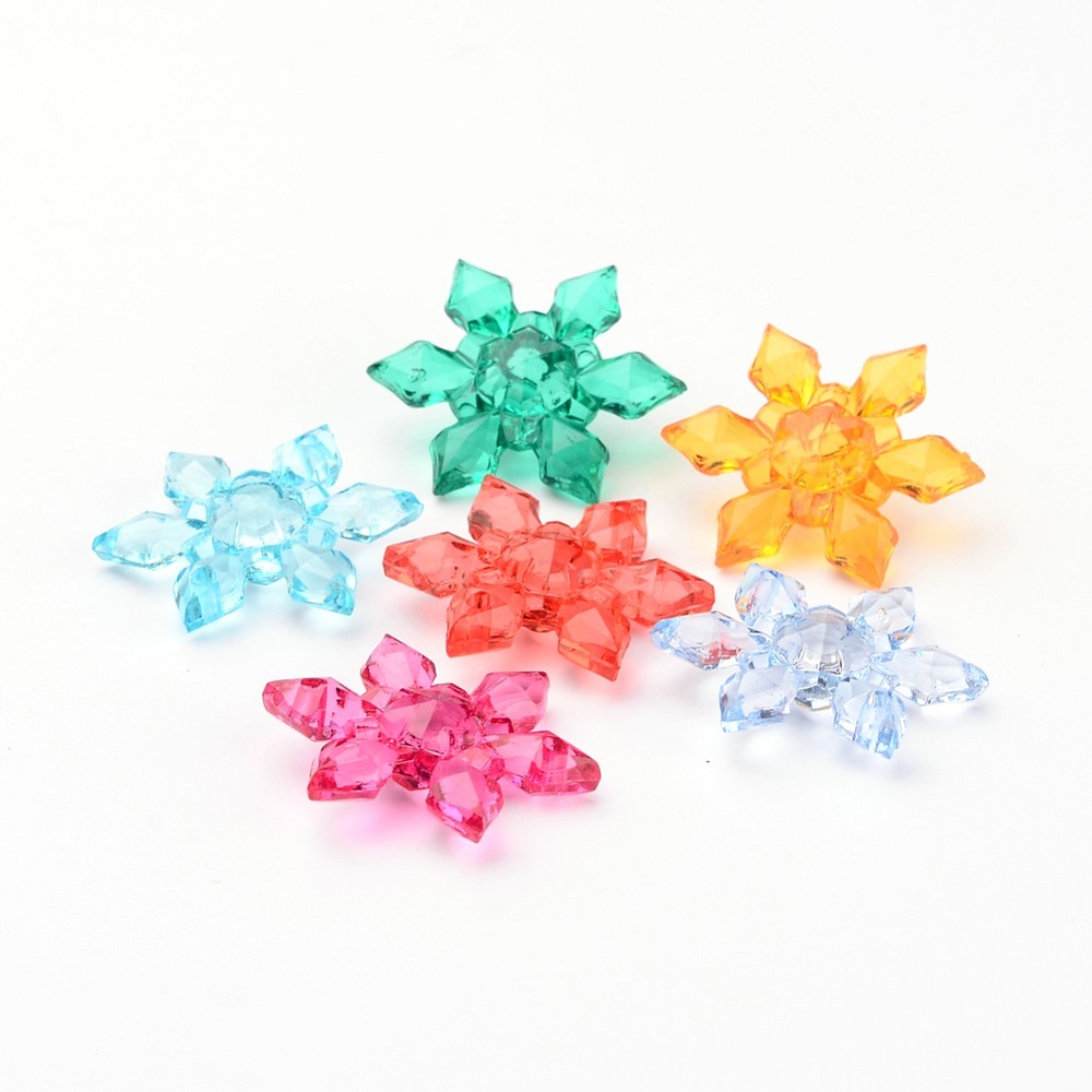 PandaHall Transparent Acrylic Links, Faceted, Snowflake, for Christmas, Mixed Color, 29x7mm, Hole: 1.5mm Acrylic Snowflake Multicolor