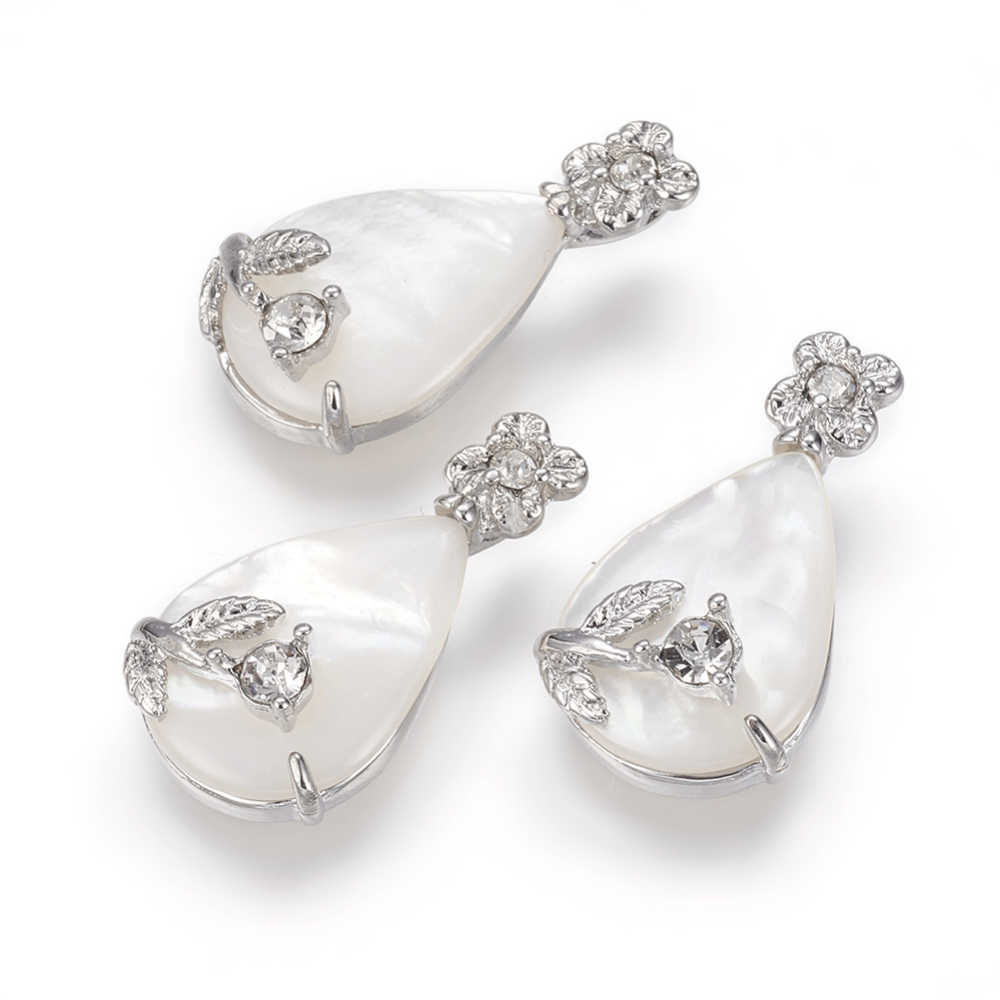 PandaHall Natural White Shell Pendants, with Brass Rhinestone Findings, Drop with Flower, Platinum, 29x15.5x7.5mm, Hole: 3x6mm White Shell...