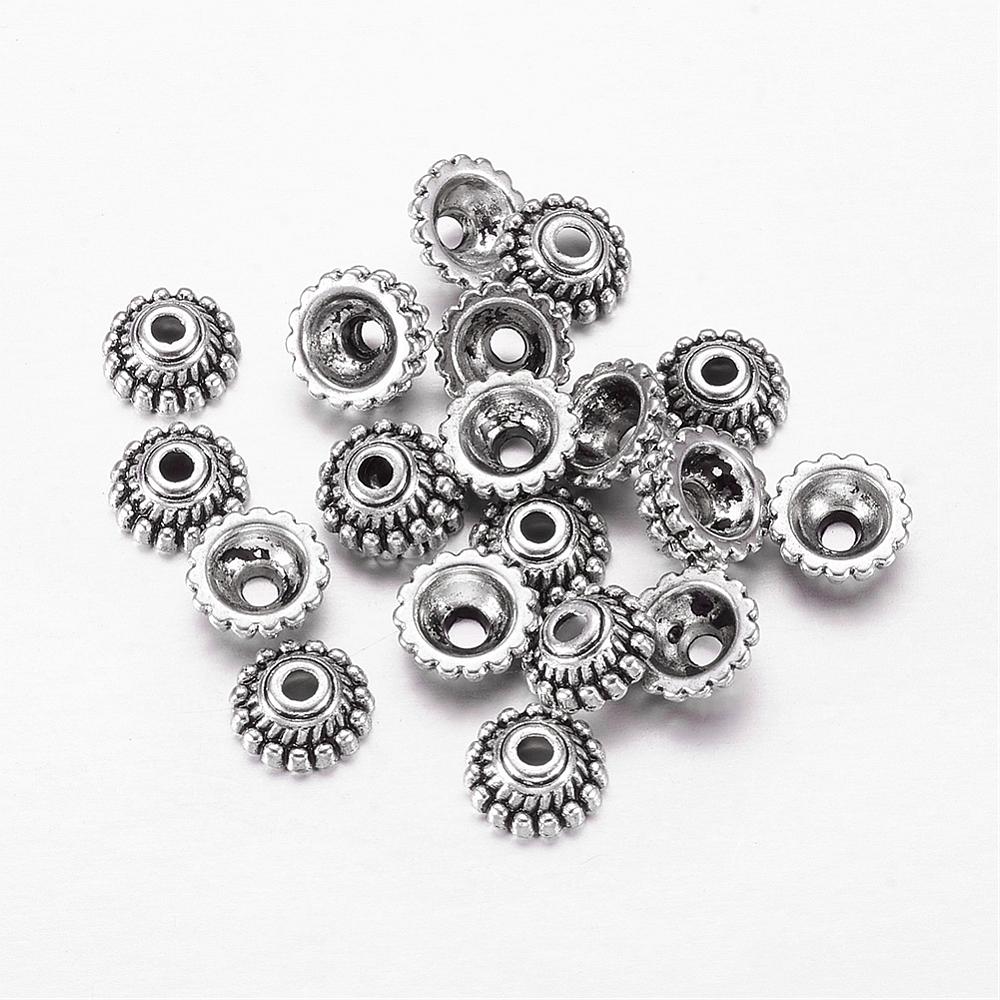 PandaHall Tibetan Style Bead Caps, Lead Free & Cadmium Free, Cone, Antique Silver, about 8mm in diameter, 3mm thick, hole: 2mm Alloy