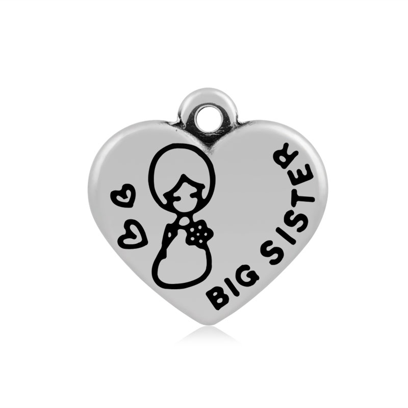PandaHall Heart with Word Big Sister 316 Stainless Steel Pendants, Antique Silver, 16x16.5x4mm, Hole: 2mm Stainless Steel Heart