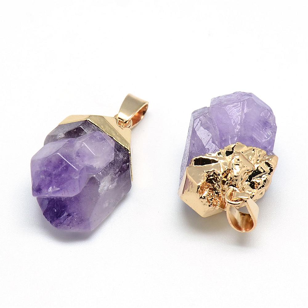 PandaHall Electroplated Natural Amethyst Pendants, with Iron Findings, Nuggets, Golden, 20~25x16~18x11~14mm, Hole: 6x3.5mm Amethyst Nuggets
