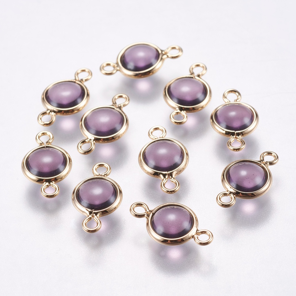 PandaHall Glass Links, with Brass Findings, Flat Round, Real Gold Plated, 12x7x3mm, Hole: 1mm Brass Flat Round Purple