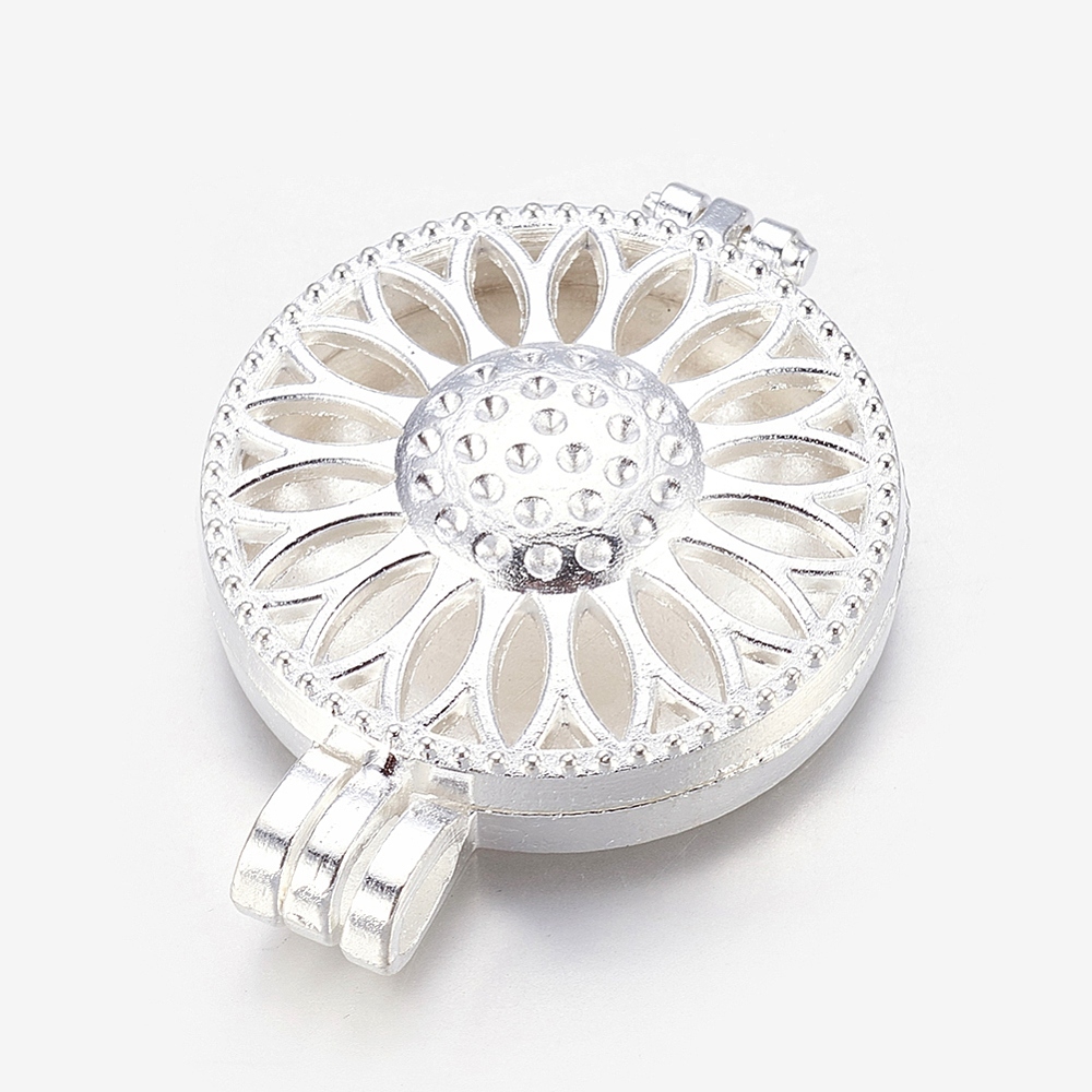 PandaHall Aromatherapy Lockets Tibetan Style Diffuser Locket Pendants, Lead Free, Hollow Style, Flat Round and Flower, Silver, 44x33x10mm...