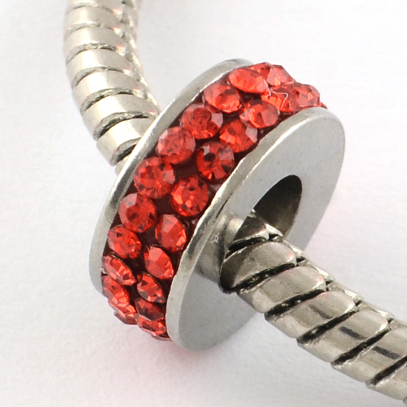 PandaHall Donut 316 Stainless Steel Rhinestone Bead Spacers, Large Hole Beads, Light Siam, 11x4mm, Hole: 5mm Stainless Steel+Rhinestone...
