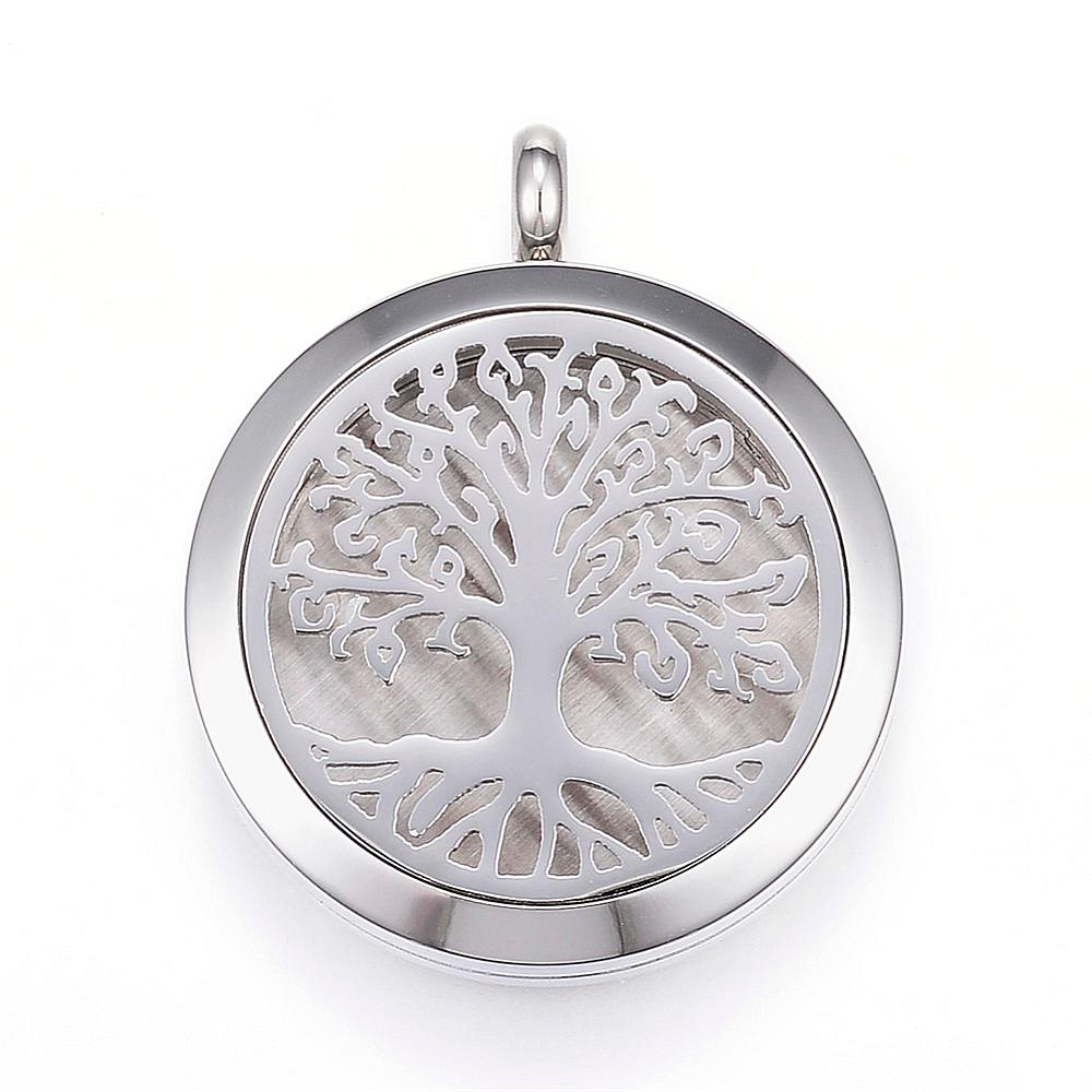 PandaHall 304 Stainless Steel Diffuser Locket Pendants, with Perfume Pad and Magnetic Clasps, Flat Round with Tree, Mixed Color...