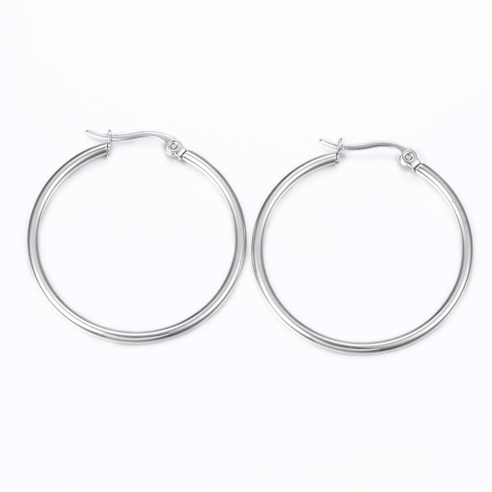 PandaHall 304 Stainless Steel Hoop Earrings, Stainless Steel Color, 36x35x2mm; Pin: 1x0.8mm Stainless Steel