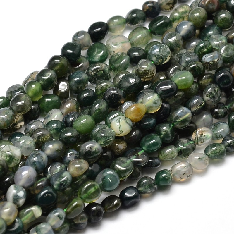 PandaHall Natural Moss Agate Nuggets Beads Strands, 5~10x6~7x3~7mm, hole: 1mm; about 14.9"~15.7" Moss Agate Nuggets