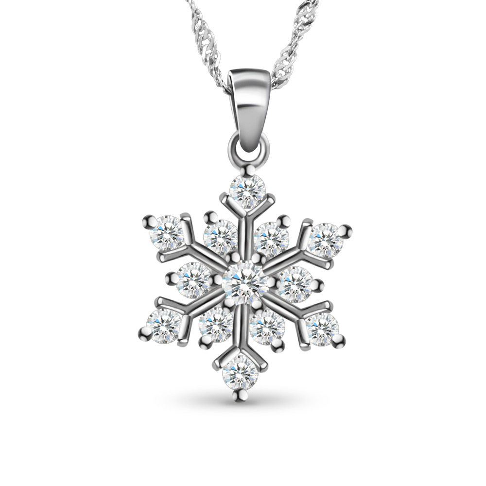 PandaHall SHEGRACE&reg Glittering Sterling Silver Pendant Necklace, Christmas, with Micro Pave AAA Cubic Zirconia Snowflake Pendant, Silver...