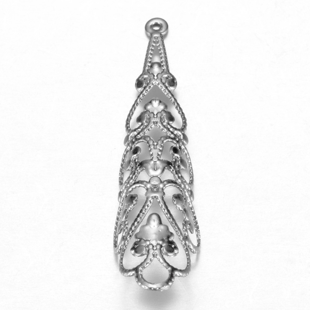 PandaHall 304 Stainless Steel Filigree Pendants, Drop, Stainless Steel Color, 41x10x0.8mm, Hole: 0.7mm Stainless Steel Drop