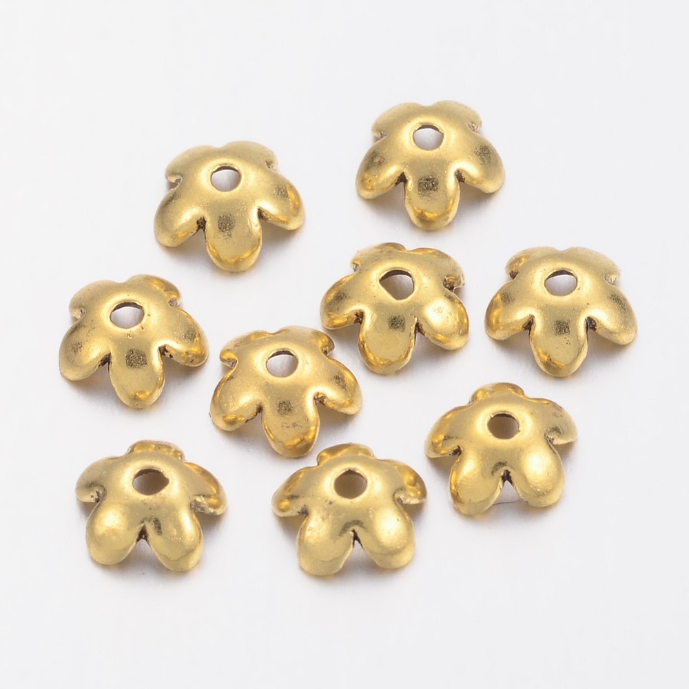 PandaHall Tibetan Style Bead Caps, Antique Golden, Lead Free and Cadmium Free, Flower, Size: about 6.5mm in diameter, 3mm thick, hole: 1mm...