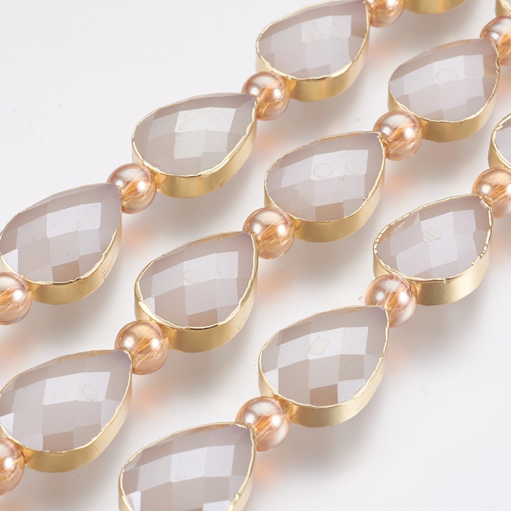 PandaHall Electroplate Glass Beads Strands, Faceted, with Golden Tone Brass Edge, Full Plated, Drop & Round, RosyBrown, 18x12.5~13x7~7.5mm...