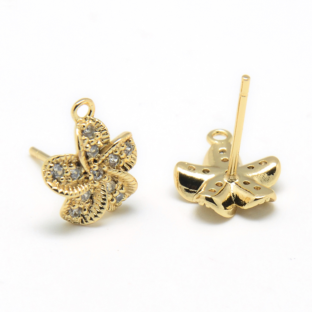 PandaHall Brass Micro Pave Cubic Zirconia Stud Earring Findings, Flower, Light Gold, 12x10.5mm, Hole: 1mm; Pin: 0.8mm Brass+Cubic Zirconia