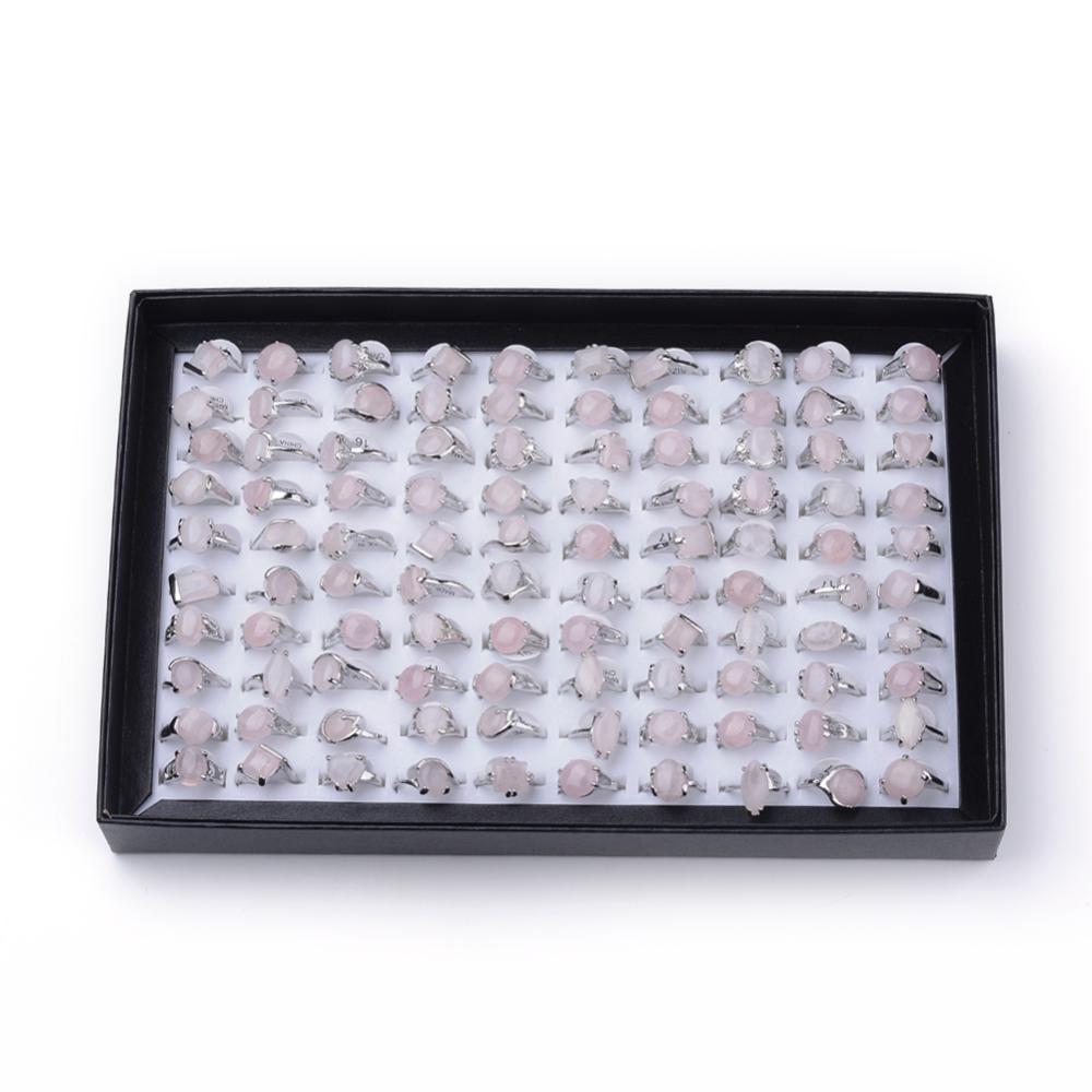 PandaHall Natural Rose Quartz Rings, with Alloy Findings, Mixed Size, Mixed Shape, Platinum, 16~18mm; 100pcs/box Rose Quartz