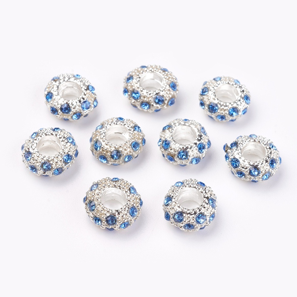 PandaHall Alloy Rhinestone European Beads Fit Charm Bracelets To Make Jewelry, Rondelle, Silver, Light Sapphire, 11x6mm, Hole: 5mm Rondelle...