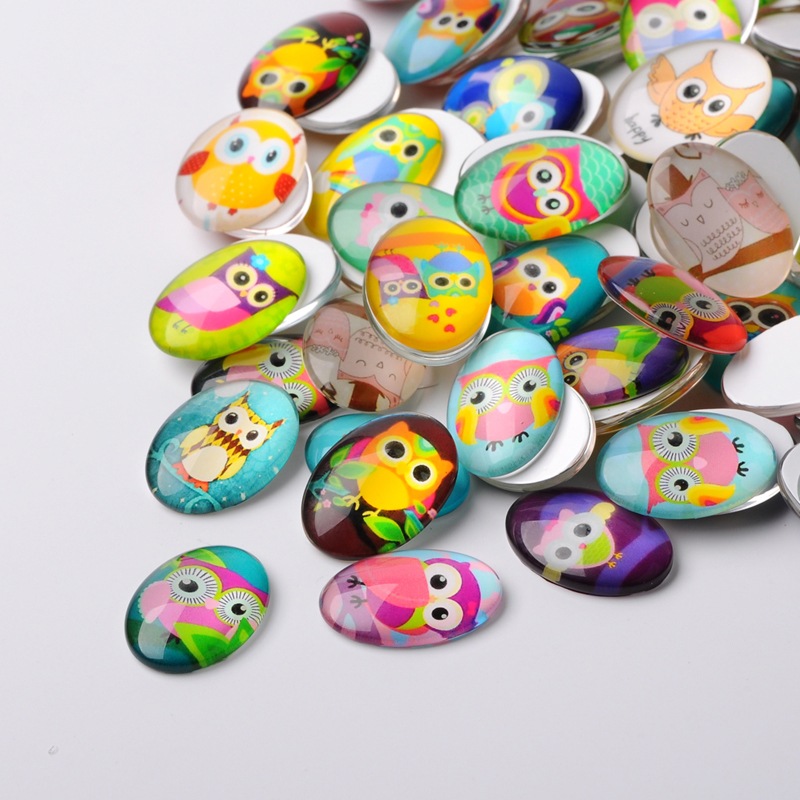 PandaHall Cartoon Owl Printed Glass Oval Cabochons, Mixed Color, 25x18x6mm Glass Oval Multicolor