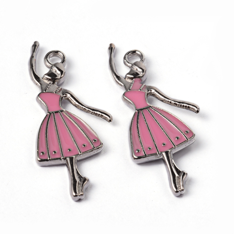PandaHall Pink Enamel Ballerina Alloy Pendants, Lead Free and Cadmium Free, Platinum Color, about 32mm long, 13mm wide, 2mm thick, Hole...