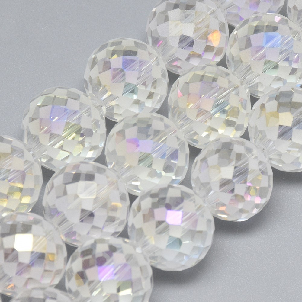 PandaHall Electroplate Glass Beads Strands, Rainbow Plated, Frosted, Faceted, Round, Clear, 12mm, Hole: 1.5mm; about 50pcs/strand, 22.05"...