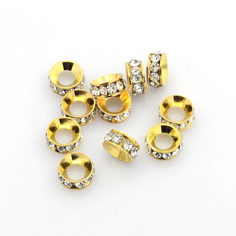 PandaHall Brass Rhinestone Spacer Beads, Grade A, Rondelle, Golden Metal Color, Crystal, 7x3.3mm, Hole: 3.5mm Brass+Rhinestone Rondelle