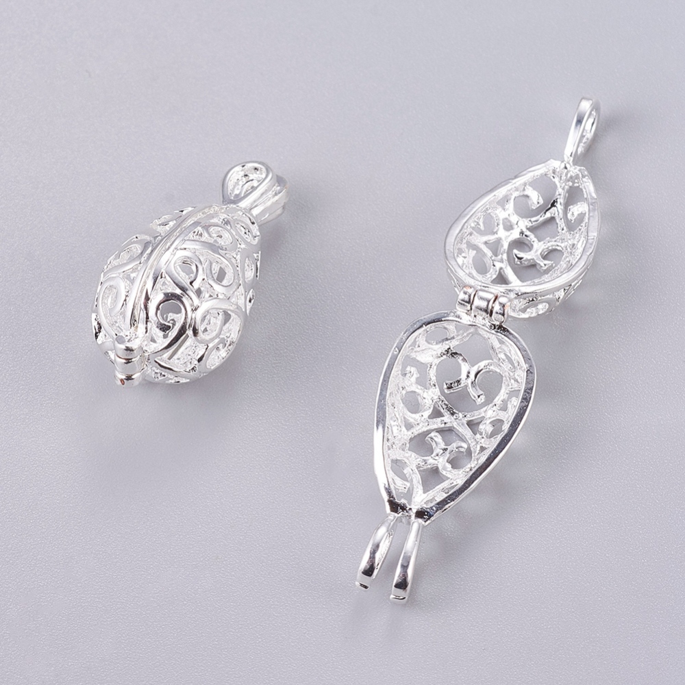 PandaHall Brass Cage Pendants, Drop, Silver, 27x13x12.5mm, Hole: 4mm Brass Drop Silver