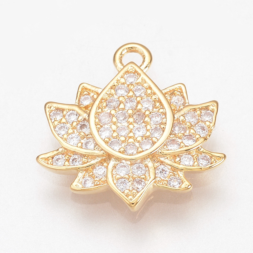 PandaHall Brass Micro Pave Cubic Zirconia Charms, Lotus, Real Gold Plated, Clear, 13x13x2mm, Hole: 1mm Brass+Cubic Zirconia Flower Clear